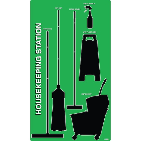 5S Supplies 5S Housekeeping Shadow Board Broom Station Version 18 - Green Board / Black Shadows With Broom HSB-V18-GREEN-KIT